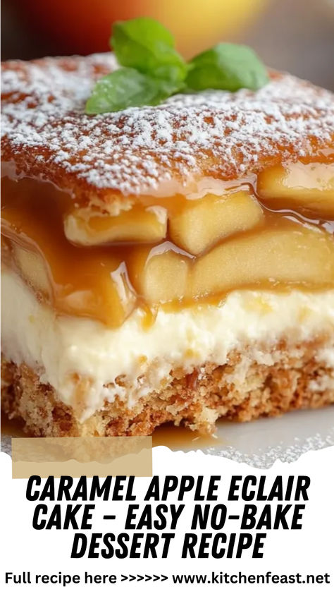 This Caramel Apple Éclair Cake is a dreamy no-bake dessert with layers of caramel, creamy filling, apples, and graham crackers. A perfect treat for fall! Caramel Apple Eclair Cake, Caramel Custard Pie, Apple Christmas Dessert, Canned Apple Desserts, Apple Cream Cheese Dessert, Dessert With Graham Crackers, Caramel Desserts Easy, Apple Eclair Cake, Best Desserts For A Crowd