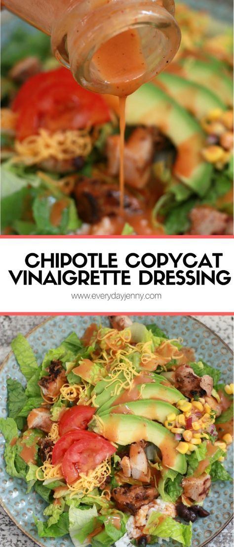 This Chipotle copycat vinaigrette dressing recipe is so easy to blend up. Sweet and smoky made with delicious honey and chipotle peppers. Recipe at everydayjenny.com Honey Chipotle Vinegarette, Chipotle Vinegarette, Chipotle Vinaigrette Dressing, Chipotle Salad Dressing, Chipotle Copycat Recipes, Chipotle Vinaigrette, Chipotle Copycat, Chipotle Recipes, Chipotle Dressing