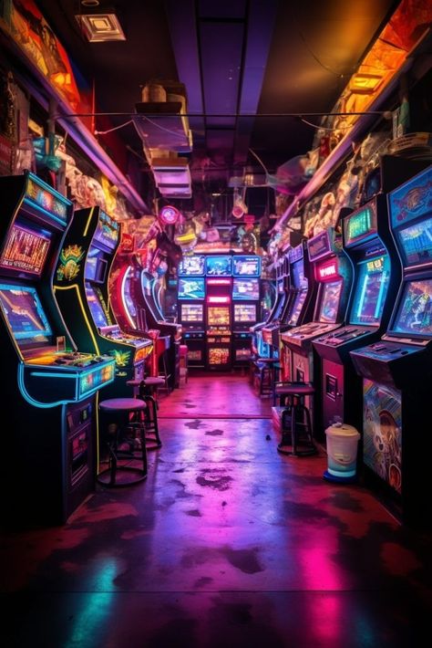 Cyberpunk Neon Video Arcades Cyberpunk Casino, Japanese Arcade Aesthetic, Japanese Arcade, Game Arcade, Arcade Games Aesthetic, Arcade Aesthetic, Neon Cyberpunk Aesthetic, Cyberpunk Building, Neon Cyberpunk