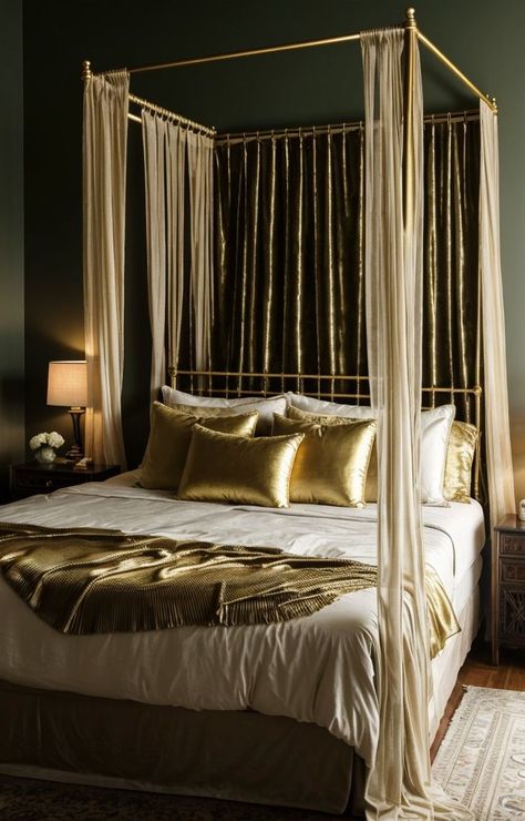 Green And Gold Bedroom Aesthetic, Dark Green And Gold Bedroom, Gold Bedroom Aesthetic, Green Gold Bedroom, Green And Gold Bedroom, Upholstered Bedframe, Canopy Bed Drapes, Bed Drapes, Metal Canopy Bed