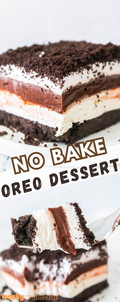 This NO BAKE OREO DESSERT is a layered dessert with an Oreo crust, cream cheese filling, chocolate pudding, Cool-Whip and crumbled Oreos - also known as Oreo Lasagna. Oreo Lasagne Dessert, Oreo And Pudding Dessert, Pudding Oreo Dessert, Oreo Lasagna Recipe, Oreo No Bake Dessert, Oreo Dessert Recipes Easy, No Bake Oreo Cake, Oreo Lasagna, No Bake Oreo Dessert