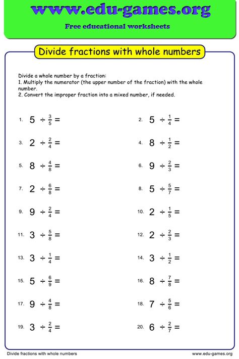 Dividing Whole Numbers By Fractions, Division Fractions Worksheets, Dividing Fractions By Whole Numbers, Simple Fractions Worksheets, Fractions Worksheets Grade 5, Fraction Division, Dividing Fractions Worksheets, Fractions Division, Divide Fractions