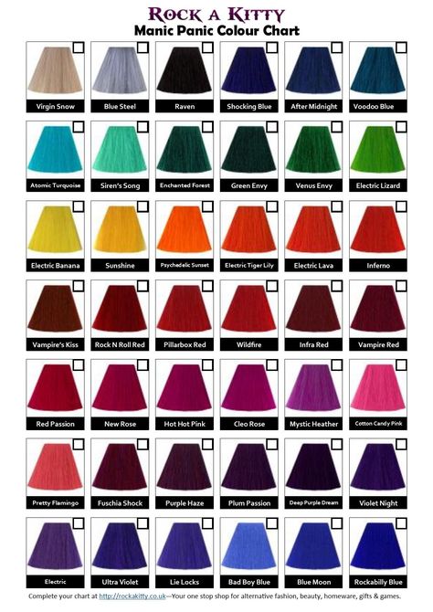 Manic Panic Color Chart, Hair Tips Dyed Blue, Hair Dye Color Chart, Manic Panic Colors, Manic Panic Hair Dye, Manic Panic Hair Color, Manic Panic Hair, Bad Boys Blue, Hair Color Images