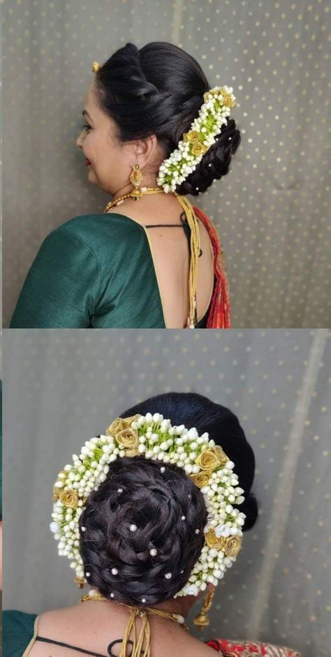 Marriage Hairstyles, Indian Bun Hairstyles, South Indian Wedding Hairstyles, Bridal Hairstyle Indian Wedding, Middle Hair, Blouse Pictures, Hair Style On Saree, Wedding Bun, Flower Bun