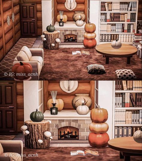 Acnh Autumn Interior, Acnh Autumn House, Acnh Living Rooms Ideas, Acnh Interior, Acnh House, Cottagecore Animal Crossing, Prove Me Wrong, Halloween Living Room, Acnh Cottagecore