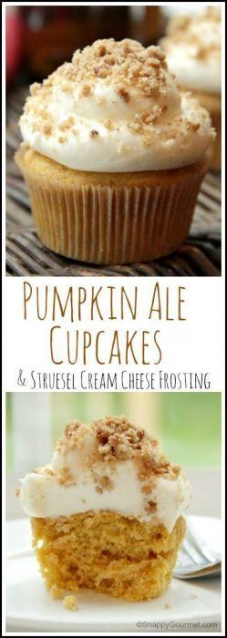 Pumpkin Ale Cupcakes with Streusel Cream Cheese Frosting Boozy Pumpkin Cupcakes, Homemade Cupcake Recipes, Cupcake Recipes From Scratch, Bake Cupcakes, Boozy Cupcakes, Cheese Frosting Recipe, Frosting Recipes Easy, Pumpkin Ale, Fall Cupcakes