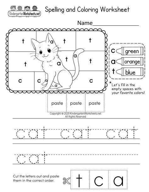 Children can practice spelling the three-letter word "cat" by completing several short activities in this free printable worksheet. Kindergarten Language Worksheets, Spelling Worksheets Kindergarten, Thanksgiving Worksheets Kindergarten, Kindergarten Fall Worksheets, Halloween Worksheets Kindergarten, Christmas Worksheets Kindergarten, Pattern Worksheets For Kindergarten, Writing Worksheets Kindergarten, Coloring Worksheets For Kindergarten