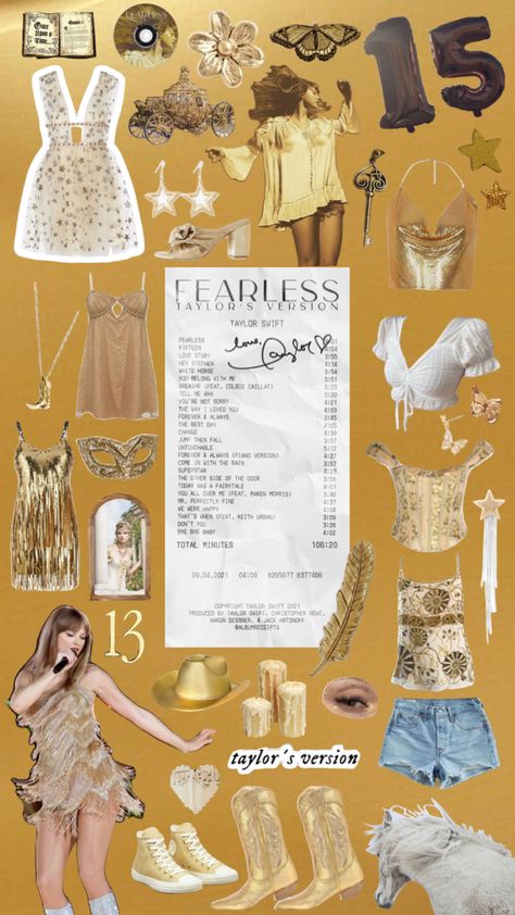 fearless era ✨💛🥂 #fearless #taylorswift #taylorswiftfearless #erastour #fearlessera #erastouroutfits Ts Fearless Era, Taylor Swift Fearless Accessories, Taylor Swift Fearless Party Theme, Taylor Fearless Outfits, Fearless Themed Outfits, Taylor Swift Concert Outfit Fearless Era, Fearless Era Outfit Ideas, Taylor Fearless Era Outfits, Fearless Concert Outfit