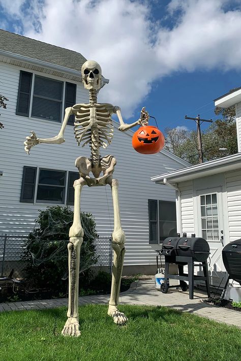 12 Foot Skeleton Ideas, Home Depot Halloween Decorations, 12 Foot Skeleton, Home Depot Halloween, Skeleton Ideas, Dekorasi Halloween, Halloween Skeleton Decorations, Funny Wood Signs, Halloween Cans