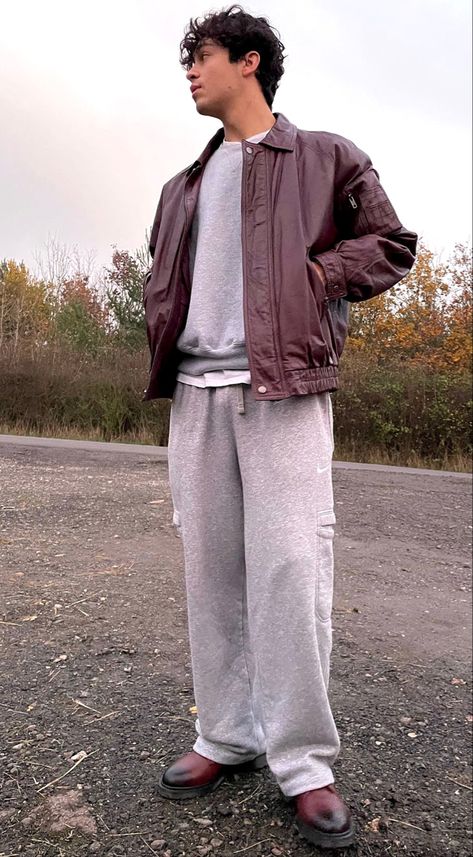 Grey Joggers Outfit, Joggers Outfit, Grey Joggers, Doc Martens, Winter Outfit, Red Leather Jacket, Red Leather, Autumn Winter, Winter Outfits