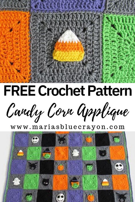 Crochet candy corn applique pattern. Can be made alone or as part of the Halloween Blanket. Free pattern and video tutorial on Maria's Blue Crayon blog. #crochet #candycorn #fall #halloween Crochet Candy Corn Applique Free Pattern, Candy Corn Applique, Crochet Candy Corn Applique, Itkenken1 Free Crochet Patterns, Crochet Candy Corn Granny Square, Candy Corn Granny Square, Crochet Halloween Applique Patterns Free, Halloween Crochet Applique, Crochet Halloween Applique