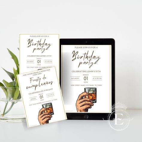 Man Birthday Invitation, Digital Birthday Invitations, Whiskey Birthday, Adult Birthday Invitations, Birthday Invites, Birthday Name, Invitation Digital, Printed Invitations, Digital Invitation