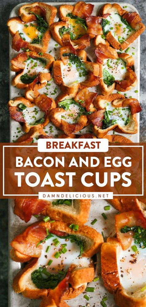 10 reviews · 45 minutes · Serves 12 · This easy breakfast idea in one muffin has all the American classics! With layers of whole wheat bread, crisp bacon strips, garlicky kale, and eggs, these toast cups are sure to be a crowd-pleaser… Toast Cups, Garlicky Kale, Simple Muffin Recipe, Bacon And Eggs, American Breakfast, Bacon Breakfast, Egg Toast, Breakfast Cups, Breakfast Idea