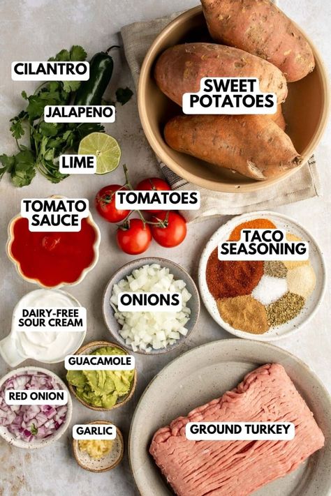 These Taco Stuffed Sweet Potatoes are everything you love about tacos stuffed into a sweet and tender potato! A quick and easy recipe full of protein, veggies, and healthy carbs. Taco Stuffed Sweet Potato Healthy, Sweet Potato Stuffed Tacos, Taco Stuffed Sweet Potato, Stuffed Sweet Potato, Protein Veggies, Sweet Potatoes Recipe, Sweet Potato Tacos, Stuffed Sweet Potatoes, Easy Cook