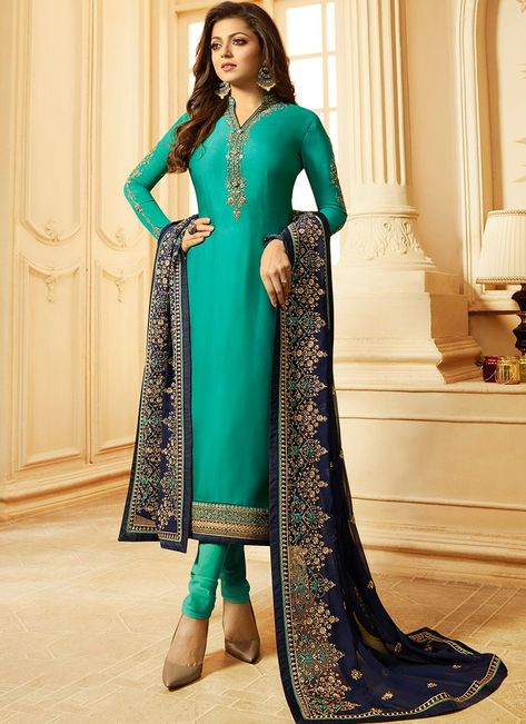 Turquoise and Navy Blue Satin Georgette Straight Suit Indian Suits For Women, Suit Model, Drashti Dhami, Churidar Designs, Churidar Suits, Gaun Fashion, Salwar Suits Online, Eid Dresses, Indian Suits