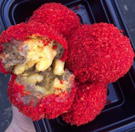 Flamin' Hot Cheetos Meatballs stuffed with Mac & Cheese Cheetos Recipe, Mac And Cheese Balls, Flamin Hot Cheetos, Flaming Hot, Hot Cheetos, Sleepover Food, Junk Food Snacks, Cheese Balls, Food Drinks Dessert