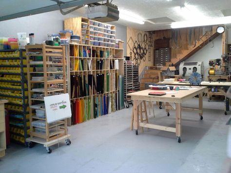 Kessler Craftsman Art Glass Studio Glass Workshop Studios, Glass Studio Organization, Stained Glass Organization Storage Ideas, Stained Glass Studio Setup, Stained Glass Workshop, Glass Organization, Art Studio Storage, Studio Layout, Stained Glass Studio