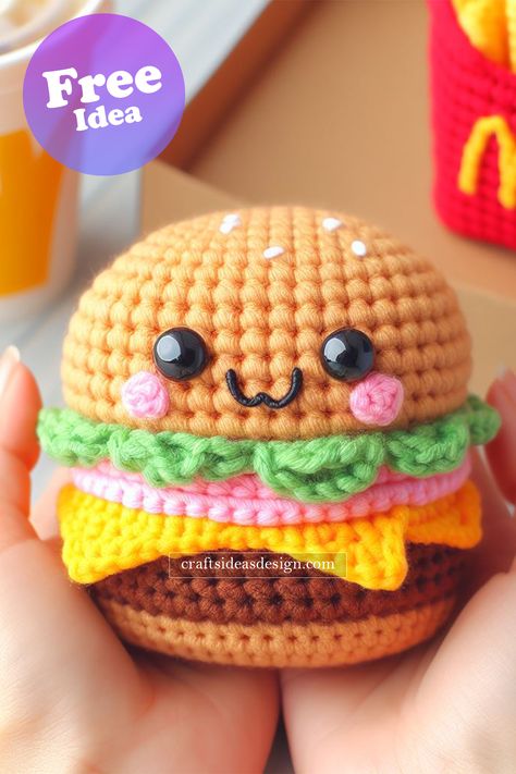 Mc Donalds Burger Amigurumi Cute Food Crochet, Crochet Amigurumi Food Free Patterns, Animaguri Crochet, Crochet Baby Toys Free, Hamburger Crochet, Crochet Food Free Patterns, Burger Crochet, Mc Donald Burger, Mc Donalds Burger