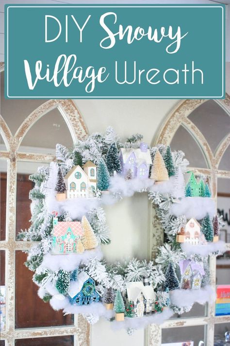 This beautiful snowy village wreath is the perfect dupe to save you some money on the Anthropologie version! Make yourself one or more to adorn your front door, fireplace, or any mirror in your home! This wreath is so easy to make and have hanging on a couple hours! This flocked Christmas wreath is perfect for this holiday season! Christmas Village Wreath Diy, Spring Wreaths Diy, Christmas Village Wreath, Flocked Christmas Wreath, Village Wreath, Painted Window Frames, Workshop Projects, Snowy Village, Winter Wreath Diy