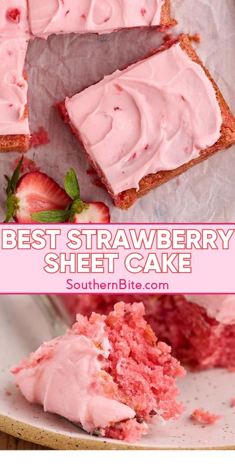 This easy sheet cake version of a fresh strawberry cake with strawberry cream cheese icing is honestly my favorite strawberry cake ever! Best Strawberry Sheet Cake, Strawberry Sheetcake Cake Recipe, Fresh Strawberry Sheet Cake, Strawberry Cake With Strawberry Cream Cheese Frosting, Strawberry Cake 9x13, Strawberry Cake Cream Cheese Icing, Easy Sheet Pan Cake Recipes, Strawberry Cake Sheet Pan, Strawberry Cake With Frosting