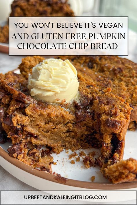 You Won't Believe It's Vegan and Gluten Free Pumpkin Chocolate Chip Bread - Upbeet & Kaleing It Pumpkin Bread Recipe Gluten Free, Gluten Free Pumpkin Chocolate Chip Bread, Pumpkin Bread Gluten Free, Gluten Free Pumpkin Chocolate Chip, Pumpkin Pie Protein, Gluten Free Pumpkin Bread, Bread Gluten Free, Protein Cheesecake, Chocolate Chip Bread