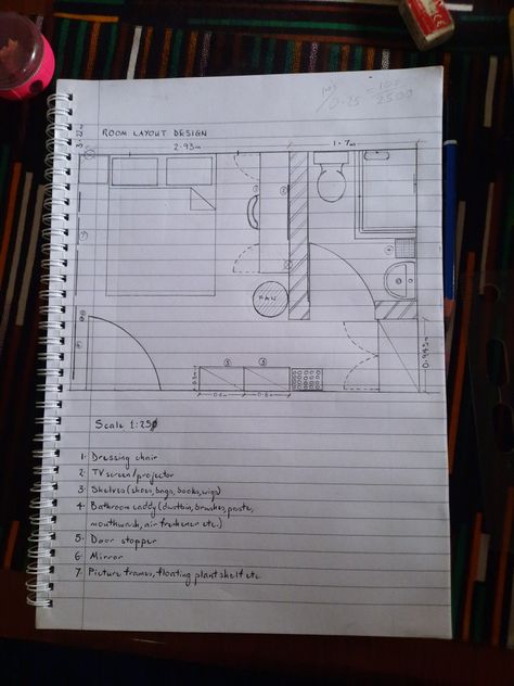 A plan drawing showing the dimensions of the room & bathroom, with the current furniture & desired inputs listed below. Floor Plan Drawing Layout, Living Room Blueprint Layout, Easy Floor Plan Drawing, Room Layout Drawing, Room Blueprint, Small Room Layouts, Room Layout Design, Architecture Symbols, Twisted Ankle