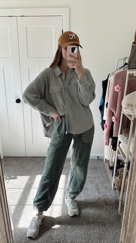 Aerie LumberJane Waffle Shirt curated on LTK Simple Athleisure Outfit, Oversized Waffle Shirt Outfit, Cozy Athleisure Outfits, Olive Green Sweatpants Outfit, Aerie Lumberjane Waffle Shirt Outfit, Midsize Cozy Outfits, Aerie Outfit Ideas, Relaxed Winter Outfits, Waffle Pants Outfit