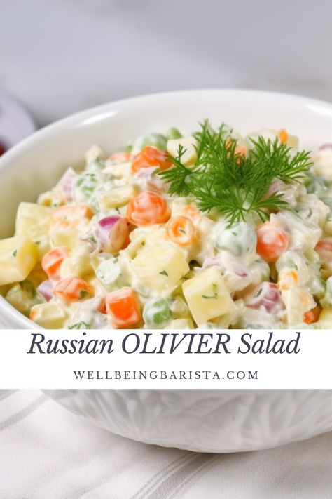 This Russian Potato Oliver Salad (Салат Оливье) is a great classic of Russian Cuisine.  It’s also a staple salad used everywhere around the worldThe Ruska Salata is also an item one must surely have on their table on Bulgarian New Year’s Eve. The secret of this dish lies in the preparation of all the ingredients making sure they’re all chopped into small pieces of the same size. You must really taste every ingredient in every bite. Oliver Salad, Ruska Salata, Russian Potato Salad, Olivier Salad, Mozzarella Caprese, Potato Salad With Egg, Salads To Go, Tomato Bruschetta, Quick Salads