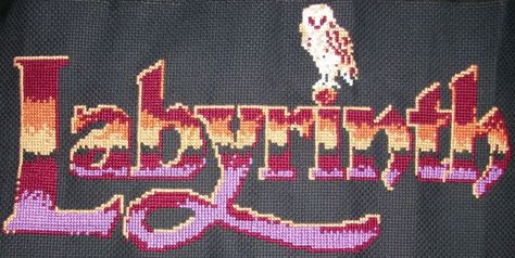 Labyrinth video game title in cross stitch! - NEEDLEWORK Crochet Labyrinth, Labyrinth Cross Stitch, Cross Stitch Embroidery Patterns, Labyrinth Game, Embroidery Patterns Ideas, Stitch Movie, Geek Cross Stitch, Nerd Crafts, Geek Crafts