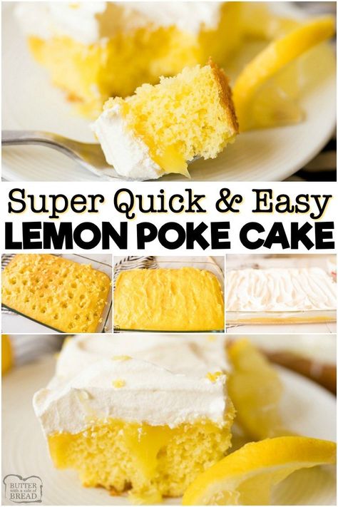 Lemon Poke Cake made with 3 ingredients and so simple! Delicious, easy poke cake recipe with a sweet lemon flavor topped with whipped cream. #lemon #cake #pokecake #easy #dessert #recipe from BUTTER WITH A SIDE OF BREAD Lemon Cake Easy 3 Ingredients, Lemon Poke Cake Pudding, Lemon Shaped Cake, 3 Ingredient Lemon Cake, Lemon Poke Cake Recipe, Easy Poke Cake, Lemon Poke Cake, Homecoming Dinner, Poke Cake Lemon