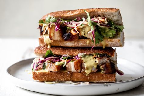 Roast Pork Belly Sandwich with Yellow Coconut Curry Sauce & Thai-Inspired Slaw — Cooking with Cocktail Rings Yellow Coconut Curry, Thai Slaw, Pork Belly Sandwich, Roast Pork Belly, Roasted Pork Belly, Vietnamese Foods, Sandwiches Recipes, Sandwhich Recipes, Coconut Curry Sauce