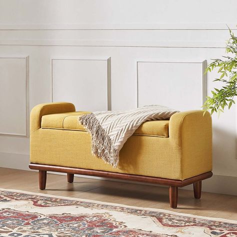 This stylish tufted bench makes storage easy and convenient. Hidden storage allows for storing things like toys, books, and many other miscellaneous items to keep life organized. The tufted design on the cover provides an extra touch of sophistication that enhances its modern design, adding a bit of texture without sacrificing any comfort. The thick cushion creates a comfortable place to sit, while the sturdy solid and manufactured wood frame adds stability. Polyester upholstery brings a classic Olive Green Storage Bench, Mid Century Modern Storage Bench, End Of Bed Bench With Storage, Storage Bench Living Room, Ottoman Bench Bedroom, Benches For Bedroom, Bed Bench With Storage, Bedroom Bench With Storage, Bench Seat With Storage