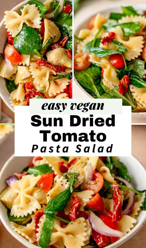 A delicious pasta salad with fresh spinach, sun-dried tomatoes, juicy fresh tomatoes, artichokes and basil tossed in a zesty dressing.  This quick and easy recipe is perfect for spring and summer. Sun Dried Tomato Pasta Salad, Dried Tomato Pasta, Delicious Pasta Salad, Sun Dried Tomato Pasta, Tomato Pasta Salad, Quinoa Pasta, Meal Inspiration, Easy Pasta Salad Recipe, Healthy Vegan Breakfast