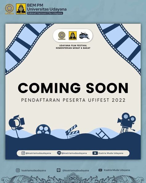 Ksatria Muda Udayana on Instagram: “[Coming Soon Pendaftaran Peserta UFIFEST 2022] Halo Ksatria Muda Udayana! Good News Alert! Pendaftaran Peserta Udayana Film Festival…” Coming Soon Poster Design, Coming Soon Design Instagram Feeds, Poster Coming Soon, Coming Soon Poster, Stiker Ig, Coming Soon Design, Canva Idea, Instagram Feed Inspiration, Instagram Feed Ideas