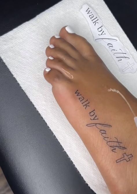 Bible Arm Tattoos For Women, Leg Script Tattoo, Bible Verse Tattoos For Women, Bible Verse Tattoos, Verse Tattoos, Tattoo Script, Arm Tattoos For Women, Foot Tattoo, Walk By Faith