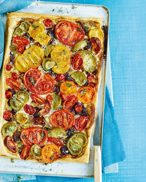 The Queen of Hearts would love this tart – puff pastry topped with caramelised… Vegetarian Tart, Mascarpone Tart, Savoury Tarts, Mascarpone Recipes, Caramelised Onion, Cauliflower Gratin, Veg Dishes, Delicious Magazine, Savory Tart