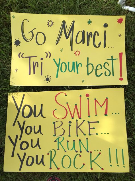 Kid's triathlon cheering signs Signs For Triathlons, Ironman Signs Funny, Triathlon Signs Funny, Race Signs Funny, Triathlon Poster Ideas, Ironman Race Poster Ideas, Triathlon Sign, Ironman Signs, Iron Man Marathon