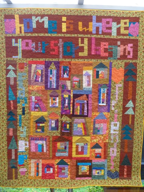 Lajla's Home quilt is a sampler with UnRuly Letters, houses, trees, hearts, cupcakes and mugs. Doesn't it just glow? Quilt Letters, Sarah Fielke Quilts, Word Quilts, Alphabet Quilts, Gwen Marston, Scandinavian Quilts, Fleece Hat Pattern, Themed Quilts, Alphabet Quilt