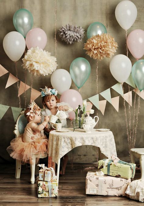 Sibling Photoshoot, Party Pic, Tent Decor, Vintage Setting, 1st Birthday Party For Girls, Tea Party Setting, Pastel Party, Pastel Balloons, Pony Party