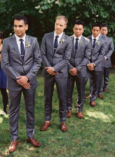 a perfect, classic look | Photography: Bryce Covey Photography - www.brycecoveyphotography.com  Read More: http://www.stylemepretty.com/2014/03/03/rustic-sodo-park-wedding-in-seattle-washington/ Untamed Heart, Groomsmen Grey, Dark Gray Suit, Groomsmen Outfits, Frank Zhang, Finishing School, Jason Grace, Heart Photography, Traveling Abroad