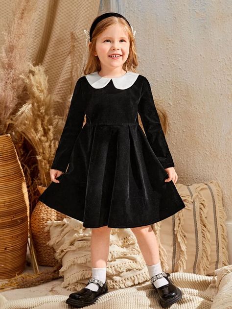 SHEIN Toddler Girls Contrast Collar Velvet Dress | SHEIN USA Winter Baby Dress, Girls Velvet Dress, Preteen Clothing, Girls Winter Dresses, Preteen Fashion, Shein Kids, Long Sleeve Velvet Dress, Kids Fashion Dress