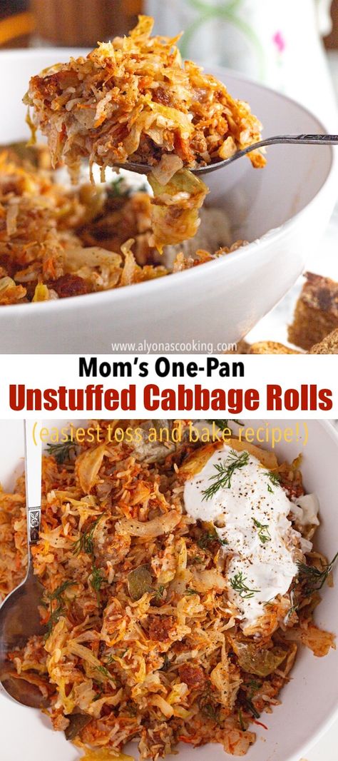 Unstuffed Cabbage Rolls are all the classic flavors of cabbage rolls but with a huge shortcut to dinner! Called lazy cabbage rolls in Ukrainian this cabbage recipe is so easy to make! Undone Cabbage Rolls, Lazy Golumpki Recipe, Lazy Man Cabbage Rolls, Unrolled Cabbage Rolls, Ukrainian Dishes, Cheesy Casserole Recipes, Lazy Cabbage Rolls, Easy Cabbage Rolls, Cabbage Dishes