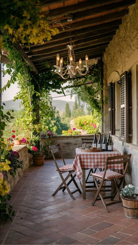 Relaxing Tuscany-Inspired Rustic Patio with Cozy Seating Tuscany Architecture Tuscan Style, Rv Enclosures, Tuscan Outdoor Patio, Tuscan Patio, Italian Country Home, Mediterranean Patio, Rustic Patio, Outdoor Patios, Luxury Rv