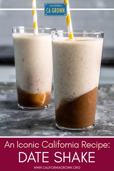 Treat yourself to the perfect date shake! This delicious, creamy smoothie is healthy, easy to make, and the perfect treat. This recipe originates from Palm Springs and is sure to tantalize your taste buds. All you need is some dates, milk, and a few other easy-to-find ingredients to create the perfect date shake. With just a few steps, you can make a tasty treat that is sure to impress. #cagrown #healthydesserts #dateshake Date Shake Recipe Palm Springs, Date Shake Recipe, Date Shake, Virgin Drinks, Dreamy Desserts, Ice Cream Shake, British Dishes, Summer Drinks Alcohol, California Food