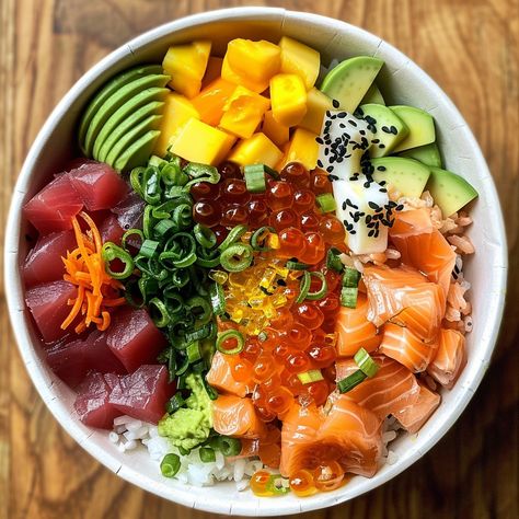 Poke Bowl Recipe Ingredients: For the Base: Sushi rice: 2 cups (cooked according to package instructions) Rice vinegar: 2 tablespoons Sugar: 1 tablespoon Salt: 1/2 teaspoon For the Toppings: Fresh tuna: 1/2 pound, sushi-grade, diced Fresh salmon: 1/2 pound, sushi-grade, diced Avocado: 1, sliced Mango: 1, diced Cucumber: 1, diced Green onions: 3, sliced Carrots: 1, julienned Salmon roe (ikura): 1/4 cup Black sesame seeds: 1 tablespoon Pickled ginger: optional Wasabi: optional For the Sauce: ... Poke Bowl Tuna, Preppy Recipes, Poke Bowl Salmon, Buda Bowl, Mango Sushi, Salmon Poke Bowl Recipe, Salmon Poke Bowl, Sliced Carrots, Tuna Poke Bowl