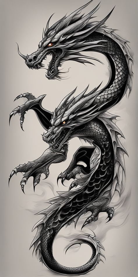 A vividly colored dragon tattoo is centered on a blank canvas. The dragon is intricately designed in a black and grey style, boasting a striking contrast against the canvas. The dragon's vibrant hues add an eye-catching element to the overall piece. Colored Dragon Tattoo, Dragon Tattoo Designs, Grey Style, Dragon Tattoo, Blank Canvas, Black And Gray, The Dragon, Grey Fashion, Tattoo Design