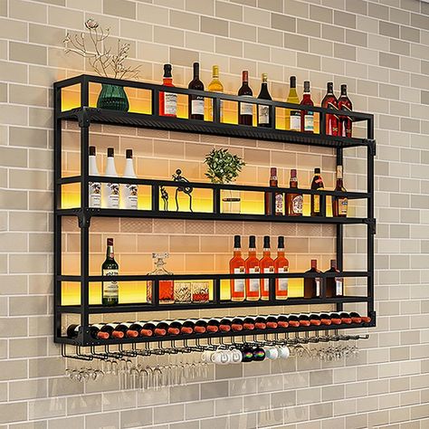 Wall Mounted Wine Rack,Iron Material,Black,Floating Glass Wine Display Holder Home Liquor Shelf Bar Bottle Organization Cabinets,Wine Storage Rack,For Kitchen Dining Room Decor ( Size : 100X25X90cm/39 Liquor Bottle Wall Display, Liquor Shelf Ideas Display, Glass Wine Display, Liquor Shelf Ideas, Bar Shelf Ideas, Bottle Organization, Liquor Rack, Organization Cabinets, Wine Storage Rack