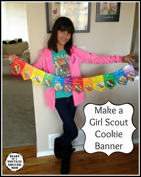 Make an Easy Girl Scout Cookie Booth Banner to help kick off Girl Scout Cookie season! #girlscouts #girlscoutcookies Girl Scout Cookie Booth, Girl Scout Daisy Activities, Girl Scout Mom, Cookie Booth, Girl Scout Cookies Booth, Girl Scout Cookie Sales, Girl Scout Troop Leader, Girl Scouts Cadettes, Brownie Scouts