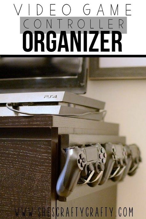 video game controller organizer- keep those video game controllers off every surface and put away Game Console Organization, Video Game Console Storage, Game Controller Holder, Video Game Organization, Video Game Bedroom, Video Game Storage, Video Game Room Decor, Diy Video Game, Video Game Controllers