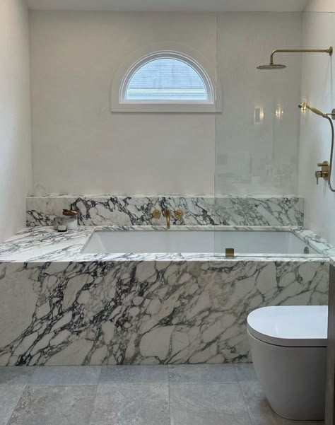 Built In Marble Bathtub, Bathtub With Marble Surround, Marble Bath Surround, Undermount Bathtub Ideas, Marble Bathtub Surround, Tub With Marble Surround, Built In Tub Master Bath, Marble Tub Surround, Marble Bath Tub